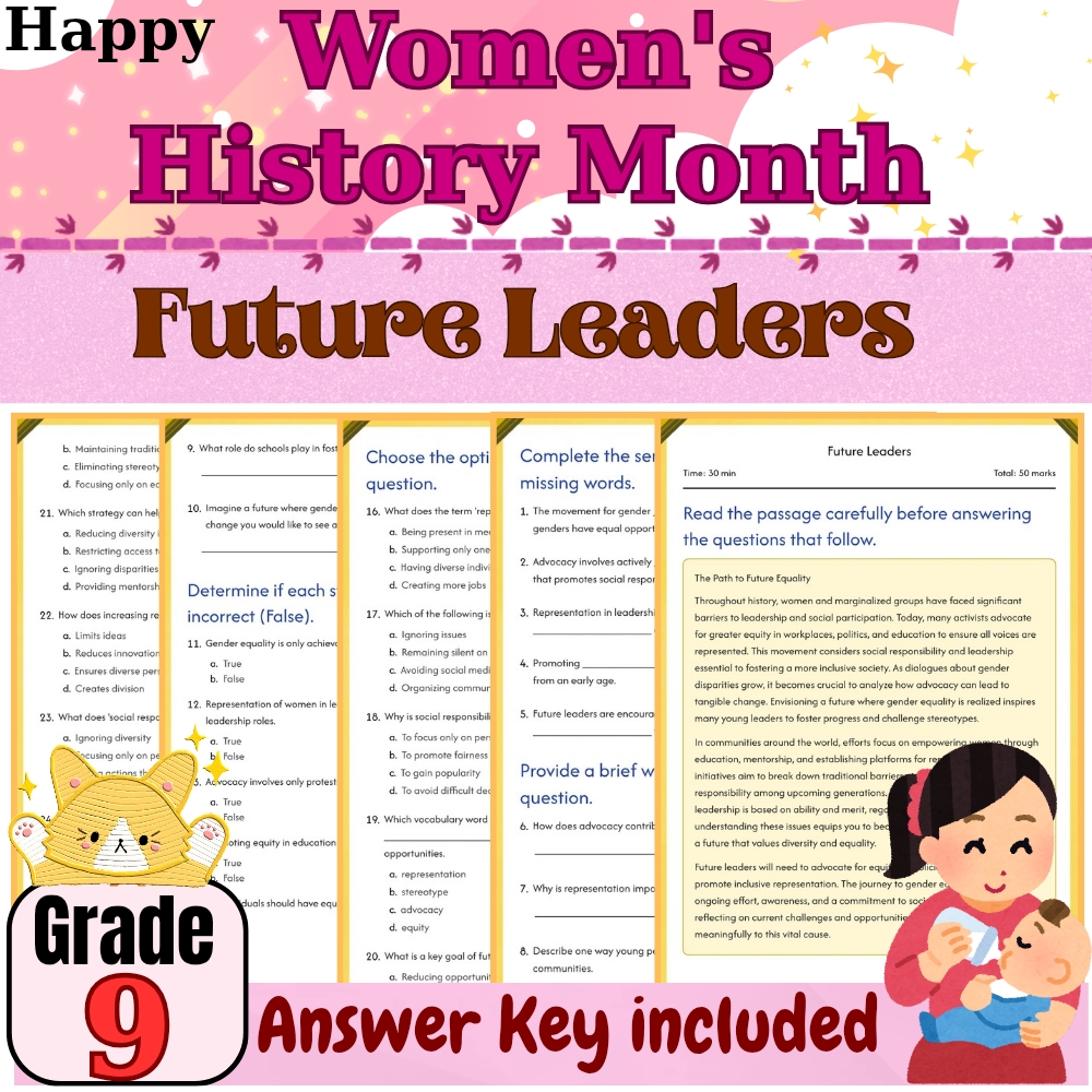 Grade 9 Seasonal  |Mother History Month Worksheet for Leadership |PDF+Answer Key