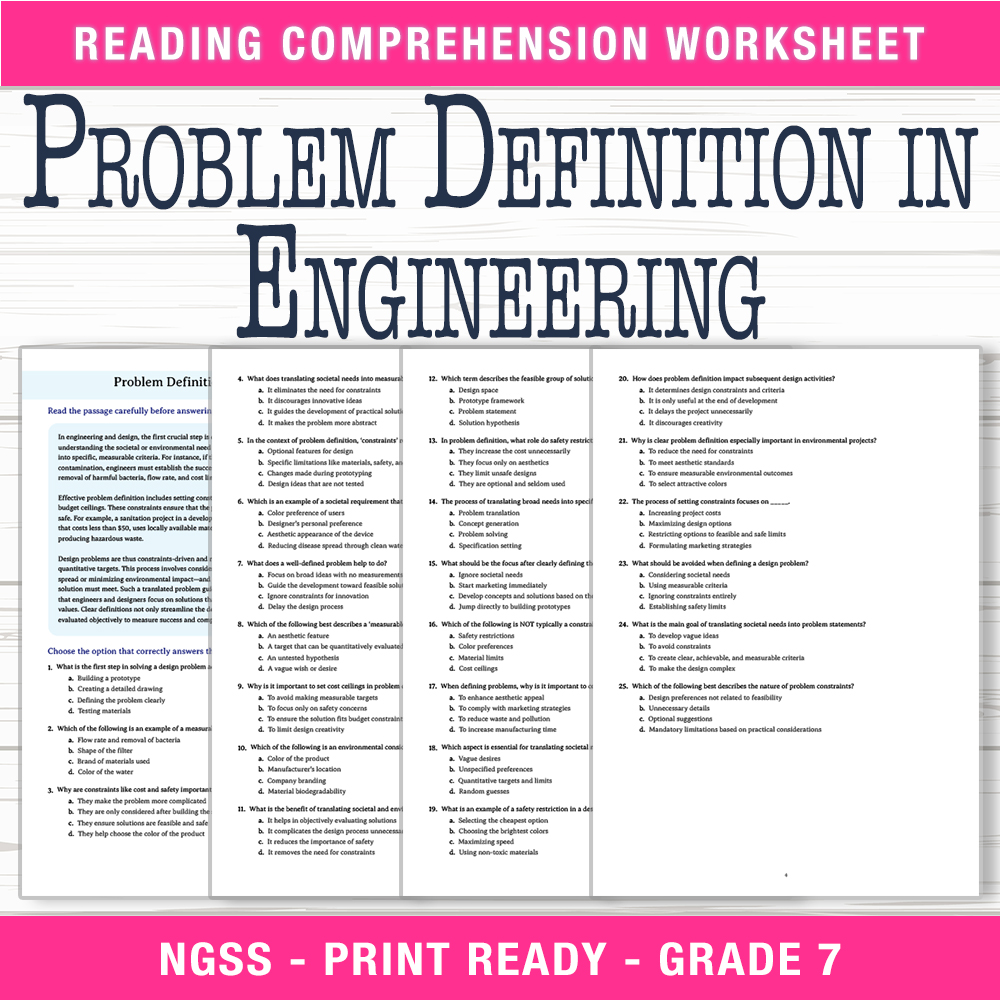 Grade 7 Science worksheet worksheet — Grade 7 Science | Problem Definition in Engineering Worksheet (PDF + Answer Key) — p…