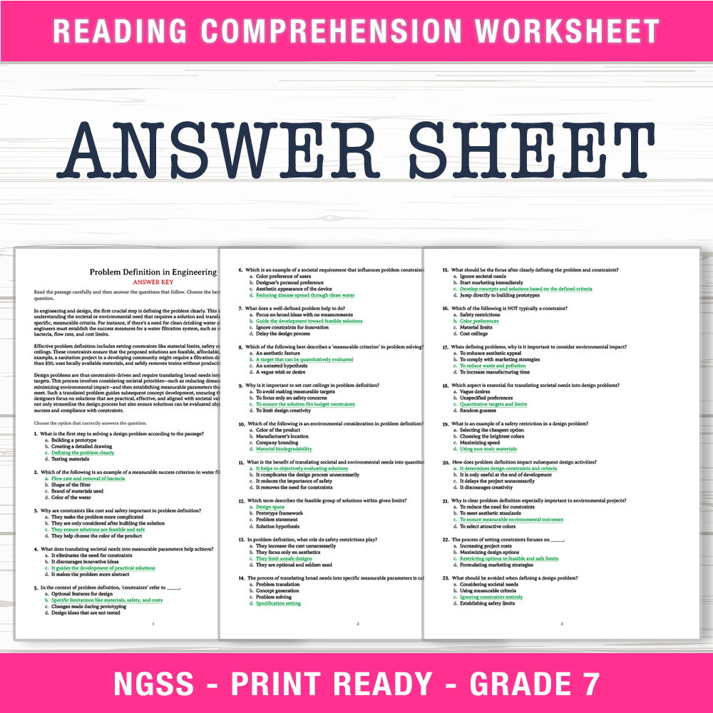 Grade 7 Science worksheet worksheet — Grade 7 Science | Problem Definition in Engineering Worksheet (PDF + Answer Key) — p…