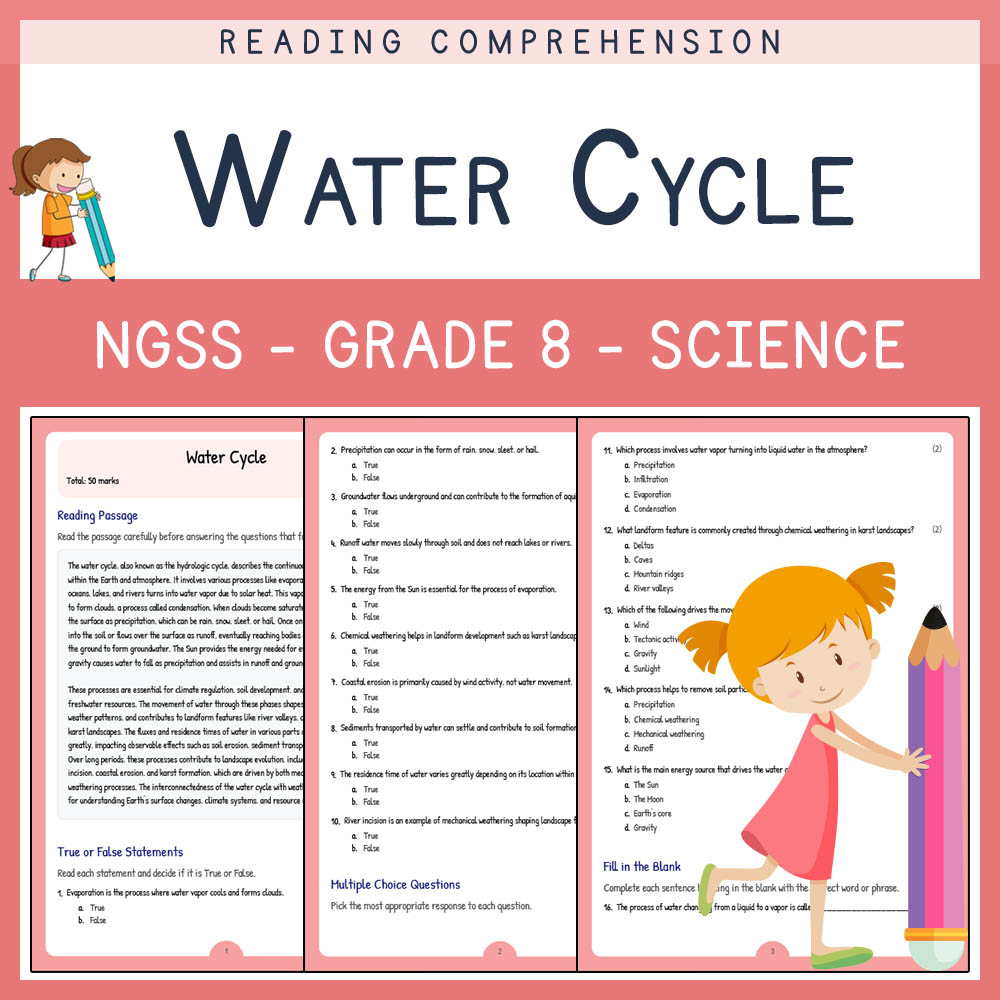 Grade 8 Science worksheet worksheet — Grade 8 Science | Water Cycle Worksheet (PDF + Answer Key) – NGSS Aligned — page 1