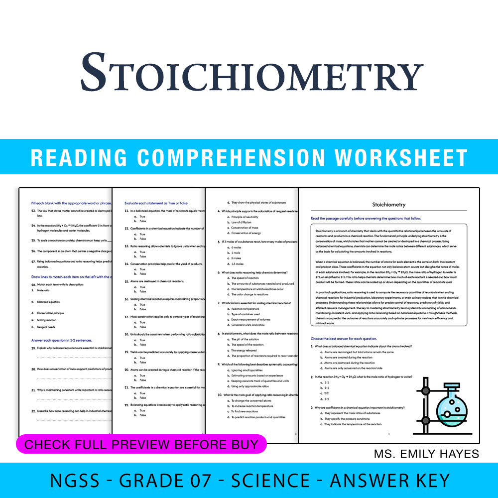 Grade 7 Science worksheet worksheet — 7th Grade Science | Mastering Stoichiometry Worksheet (PDF +Answer Key) — page 1