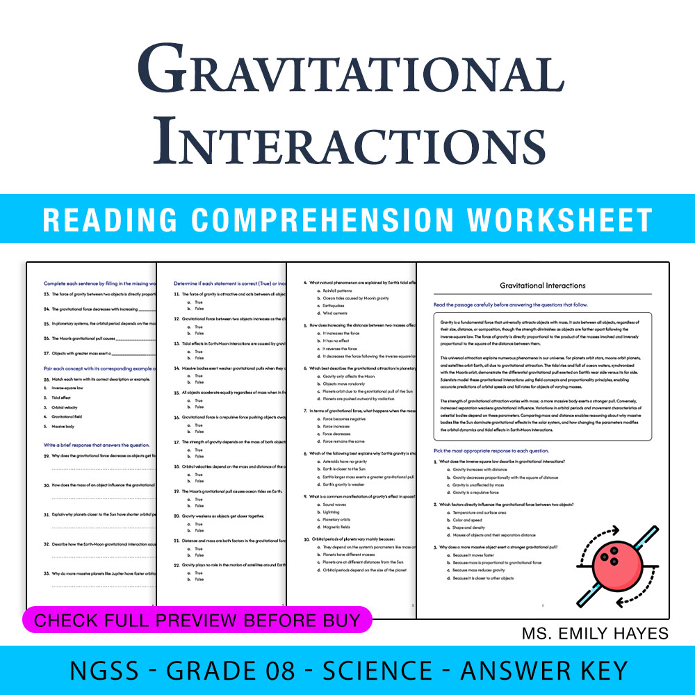 Grade 8 Science worksheet worksheet — 8th Grade Science | Gravitational Interactions Worksheet (PDF+ Answer Key) — page 1