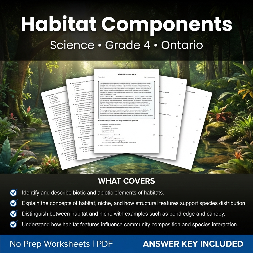 Habitat Components Grade 4 Science Worksheet | Ontario Standards