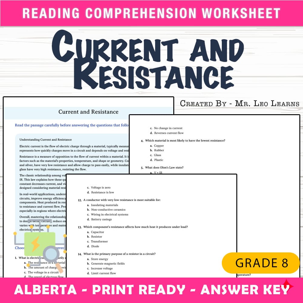 Grade 8 Science worksheet mcq paper worksheet — Grade 8 Science — Current and Resistance Worksheet MCQ Paper — page 1