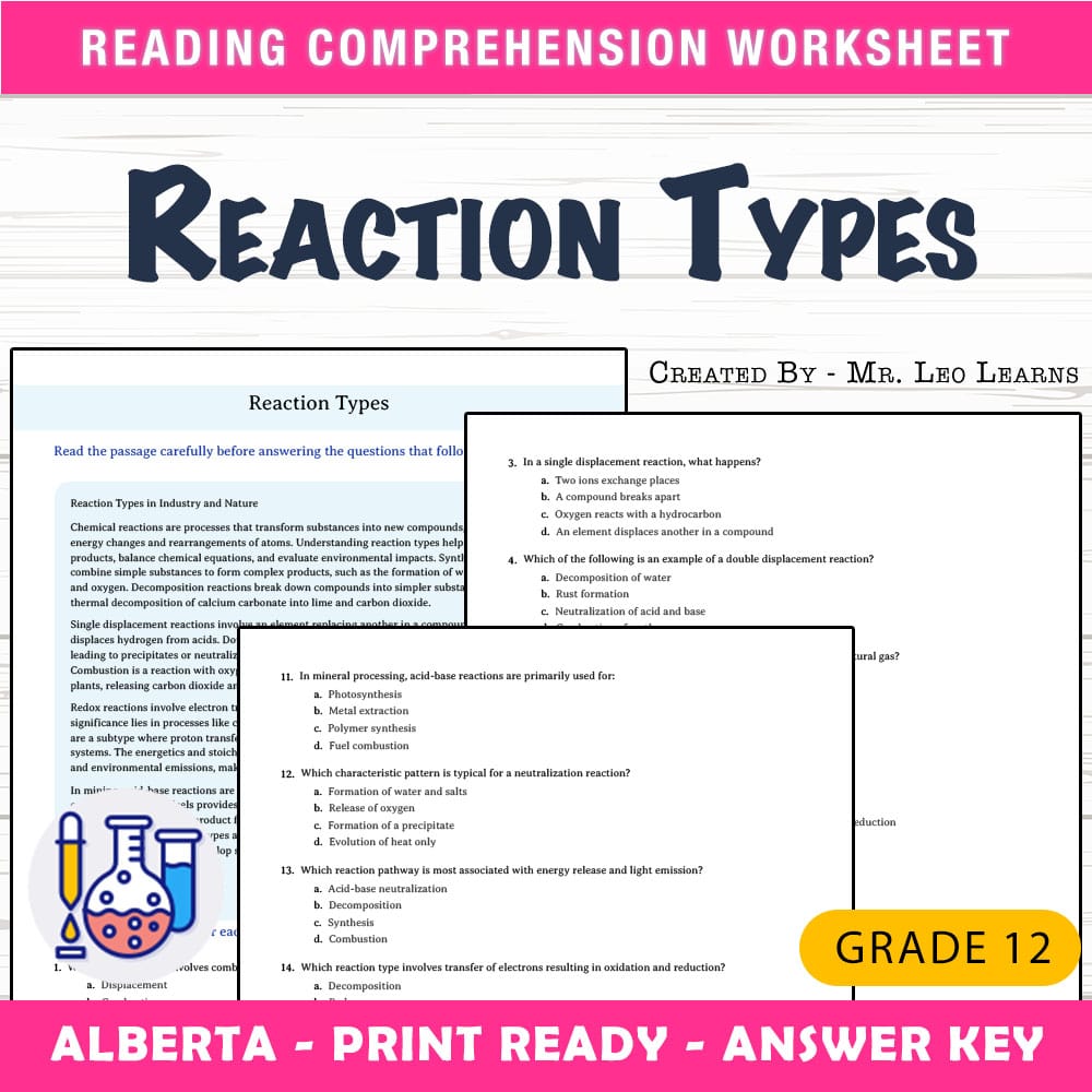 Grade 12 Science worksheet mcq paper worksheet — Grade 12 Science — Worksheet MCQ Paper for Mastering Reaction Types — page 1
