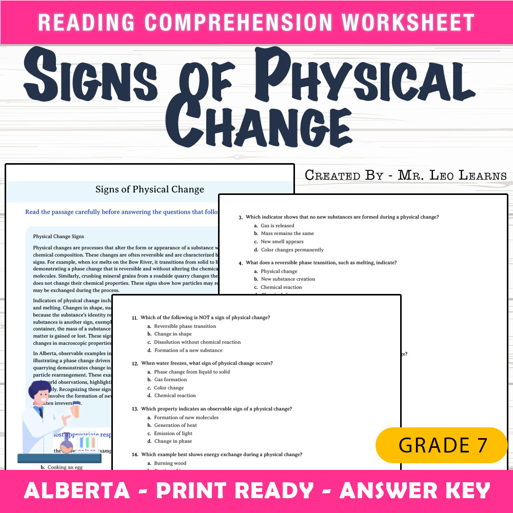 Grade 7 Science worksheet mcq paper worksheet — Grade 7 Science — Signs of Physical Change Worksheet for Mastery — page 1
