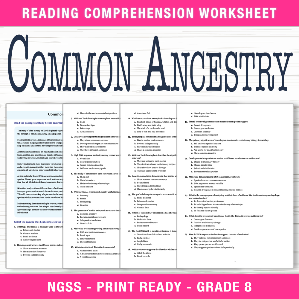 Grade 8 Science worksheet worksheet — Grade 8 Science – Common Ancestry Worksheet (PDF + Answer Key) — page 1