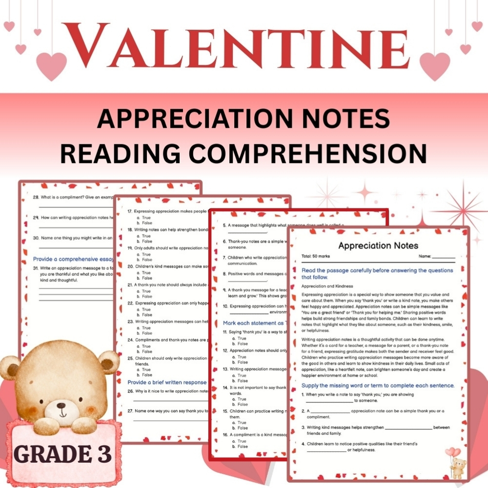 Grade 3 Seasonal velantine ppa worksheet — Grade 3 Seasonal Appreciation Notes Worksheet