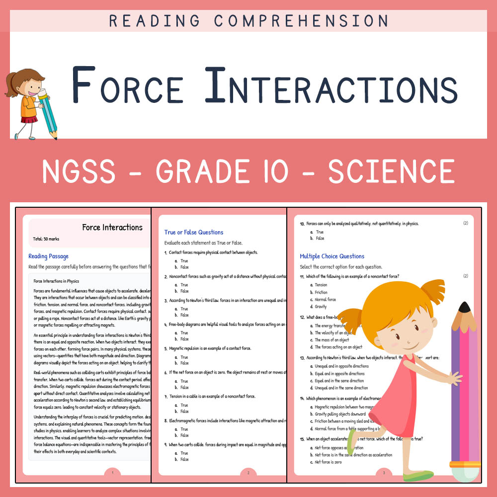 Grade 10 Science worksheet worksheet — Grade 10 Science | Force Interactions Worksheet & Answer Key (NGSS Aligned PDF) — p…