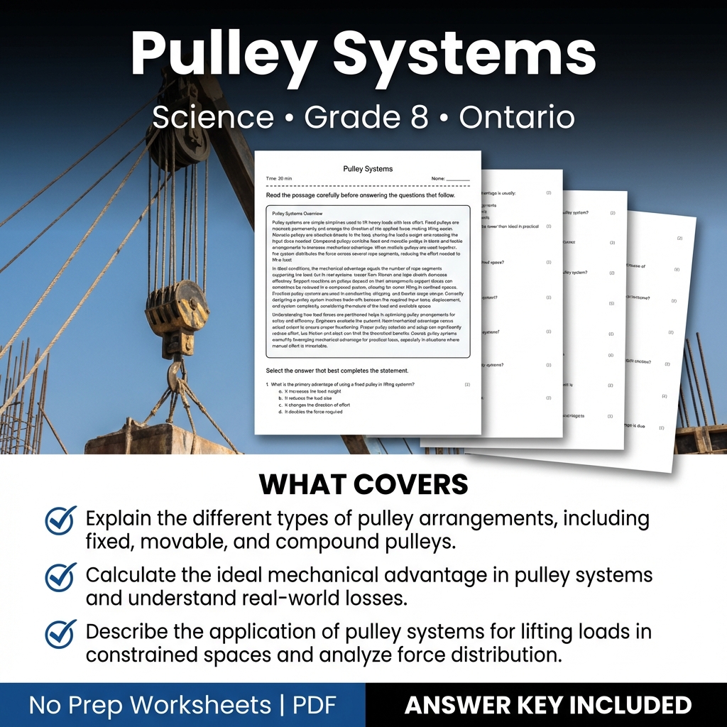 Pulley Systems Worksheet for Grade 8 Science | Ontario Standards