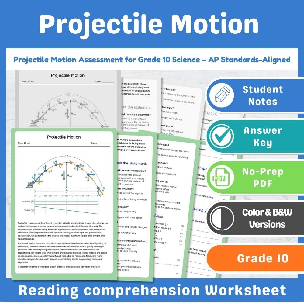 Grade 10 Science assessment worksheet — Projectile Motion Assessment for Grade 10 Science – AP Standards-Aligned — page 1