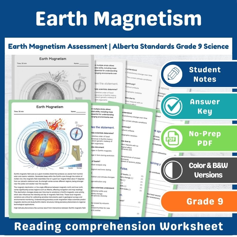 Grade 9 Science assessment worksheet — Earth Magnetism Assessment | Alberta Standards Grade 9 Science — page 1