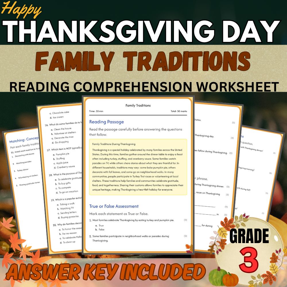 Grade 3 | Happy Thanksgiving Worksheet for Family Traditions | PDF + Answer Key