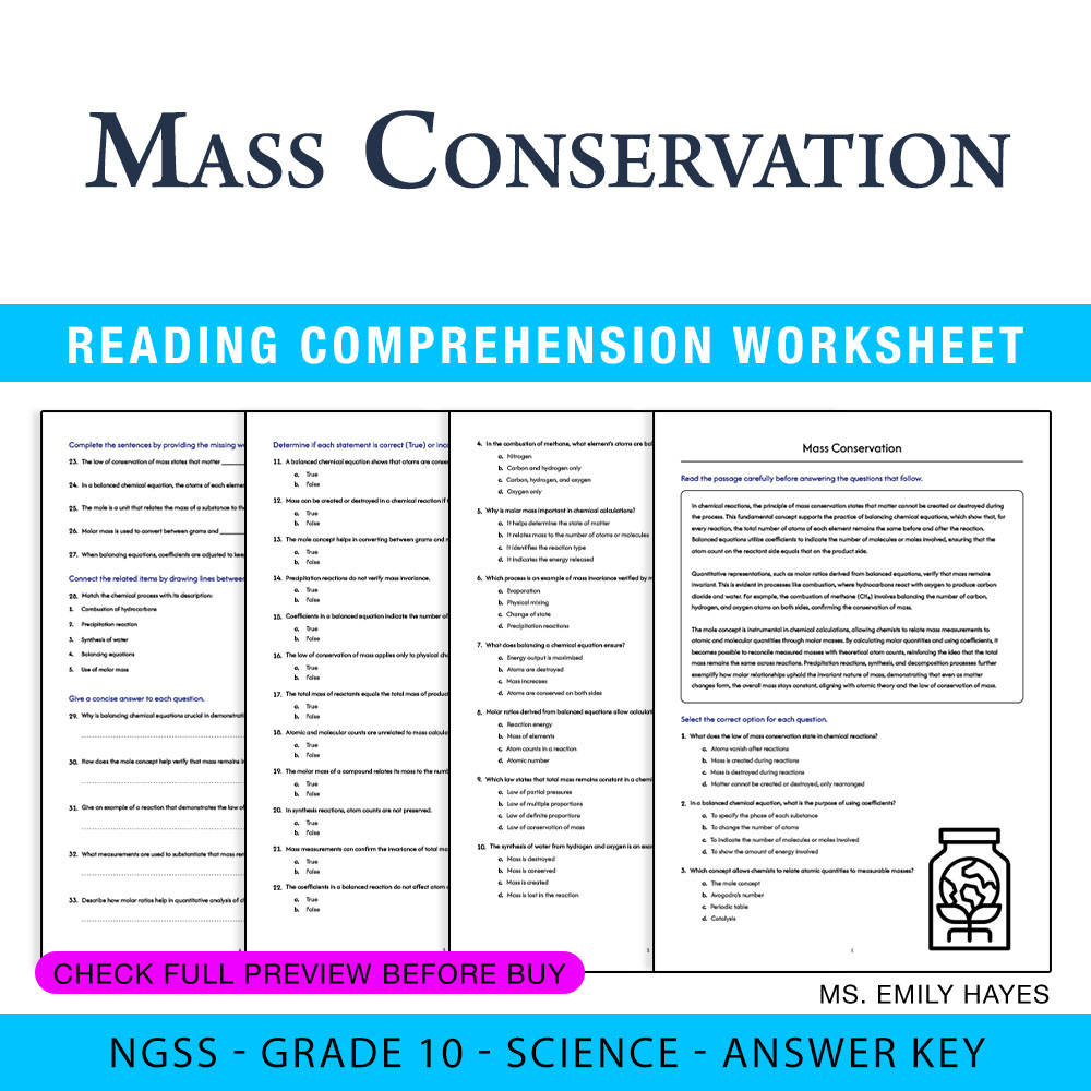 Grade 10 Science worksheet worksheet — Grade 10 Science | Mass Conservation Worksheet (PDF+ Answer Key) — page 1