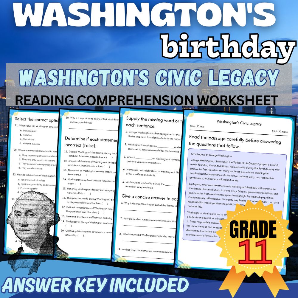 Grade 11 | Washington's Civic Legacy Worksheet for Mastery | PDF + Answer Key