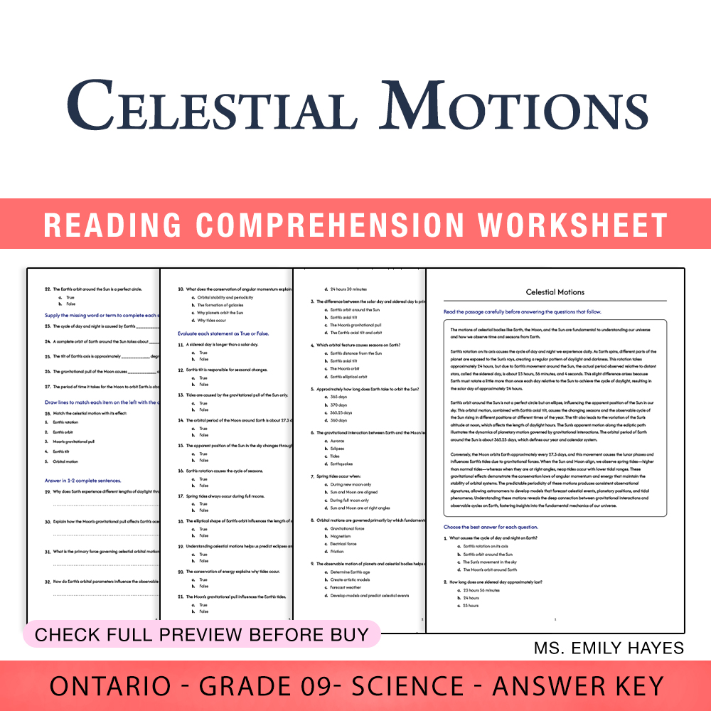Grade 9 Science worksheet worksheet — Grade 9 Science | Celestial Motions Worksheet (PDF + Answer Key) — page 1