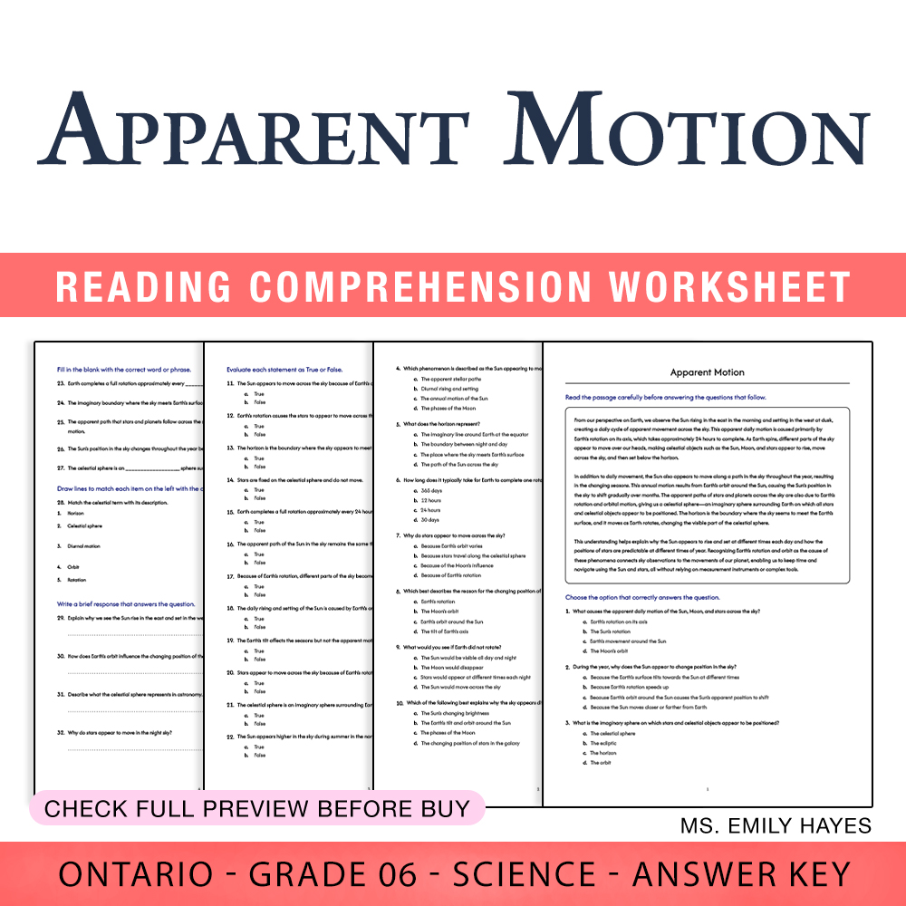 Grade 6 Science worksheet worksheet — 6th Grade Science | Apparent Motion Worksheet (PDF + Answer Key) — page 1