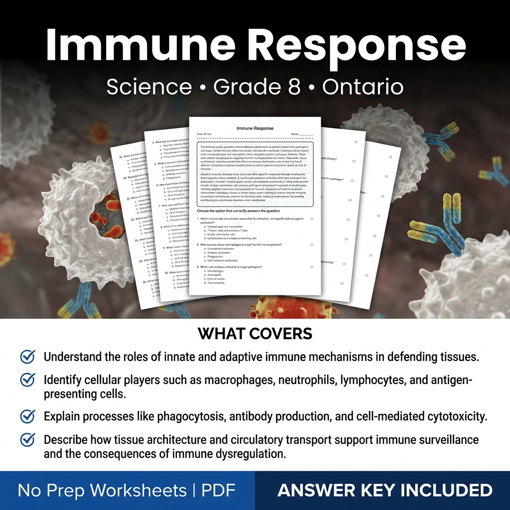 Immune Response Worksheet for Grade 8 Science | Ontario Standards