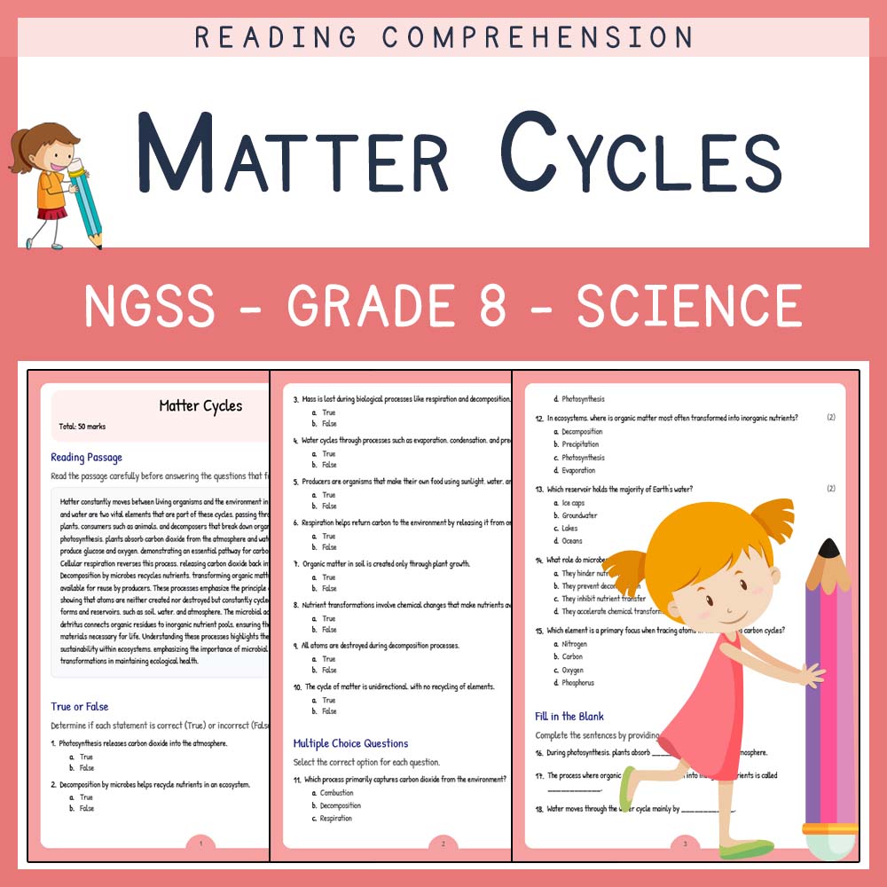 Grade 8 Science worksheet worksheet — Grade 8 Science | Matter Cycles Worksheet & Answer Key – NGSS Aligned — page 1