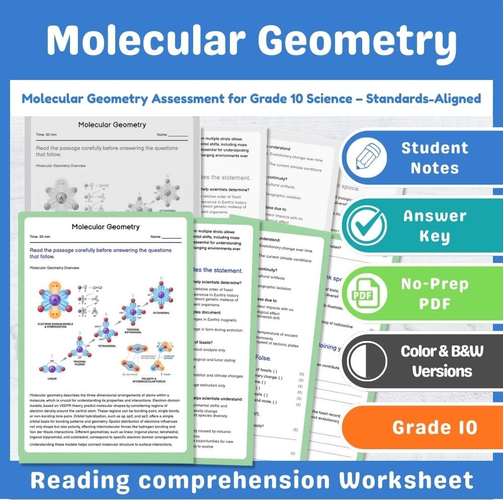 Grade 10 Science assessment worksheet — Molecular Geometry Assessment for Grade 10 Science – Standards-Aligned — page 1