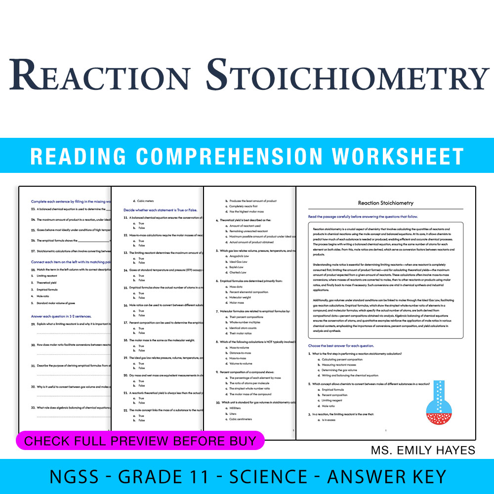 Grade 11 Science worksheet worksheet — 11th Grade Science | Reaction Stoichiometry Worksheet (PDF+ Answer Key) — page 1