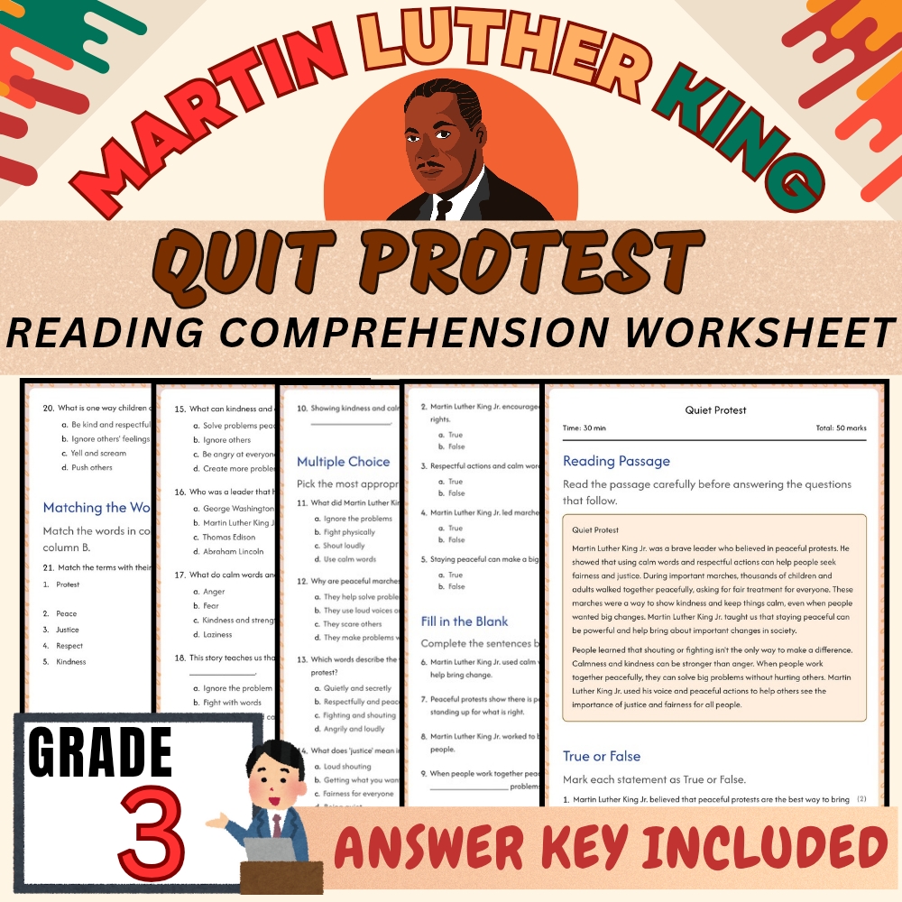 Grade 3 Seasonal | Martin Luther King Quiet Protest Worksheet | PDF + Answer Key