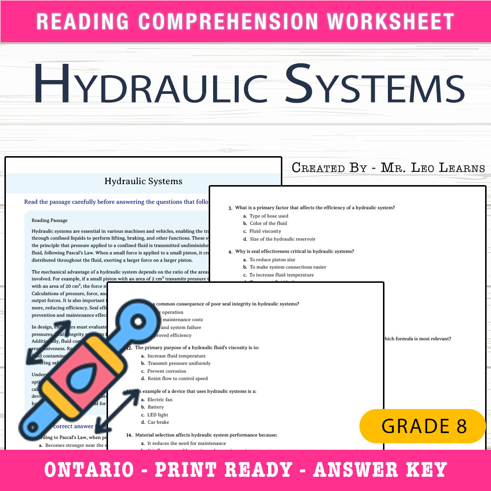 Grade 8 Science worksheet worksheet — Grade 8 Science — Hydraulic Systems Worksheet for Mastery — page 1