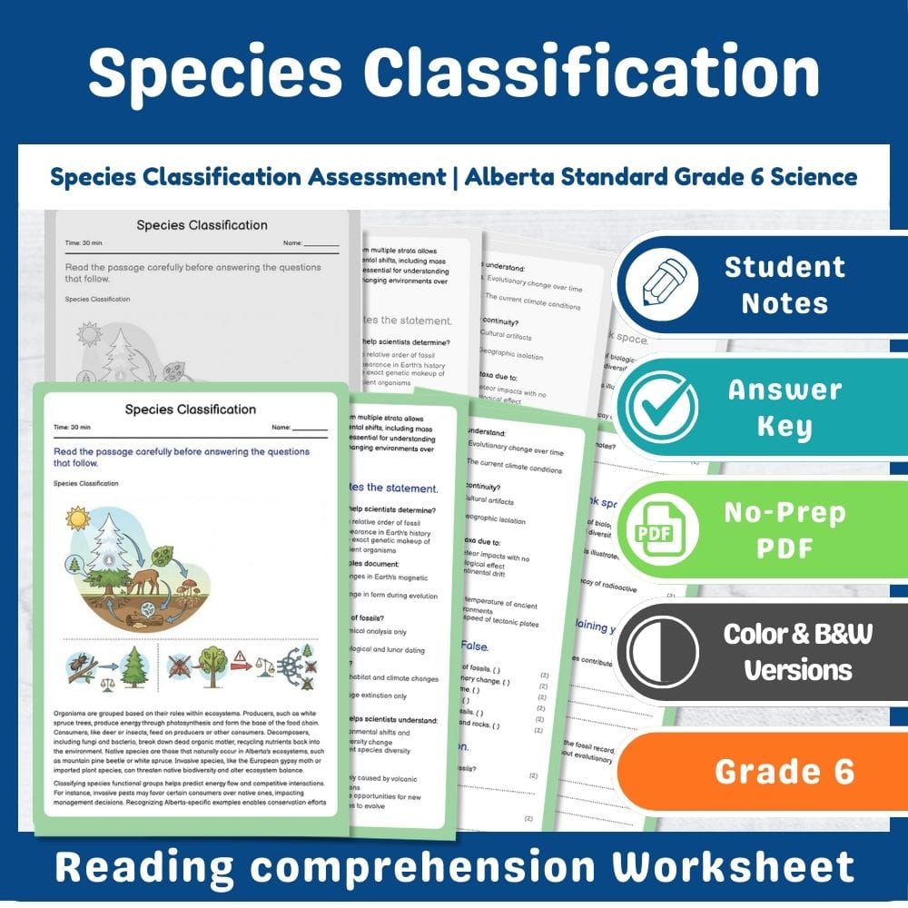 Grade 6 Science assessment worksheet — Species Classification Assessment | Alberta Standard Grade 6 Science — page 1