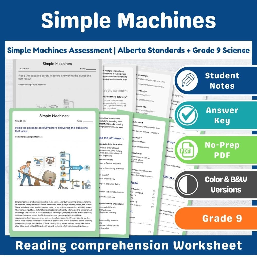 Grade 9 Science assessment worksheet — Simple Machines Assessment | Alberta Standards + Grade 9 Science — page 1