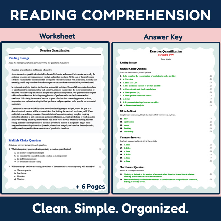 Grade 12 Science reading worksheets worksheet — 12th Grade Science | Reaction Quantification Reading Worksheet & Answer Ke…