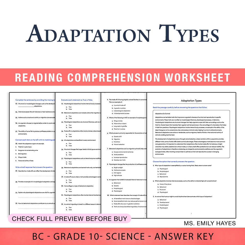 Grade 10 Science worksheet worksheet — Grade 10 Science | Adaptation Types Worksheet (PDF+ Answer Key) — page 1