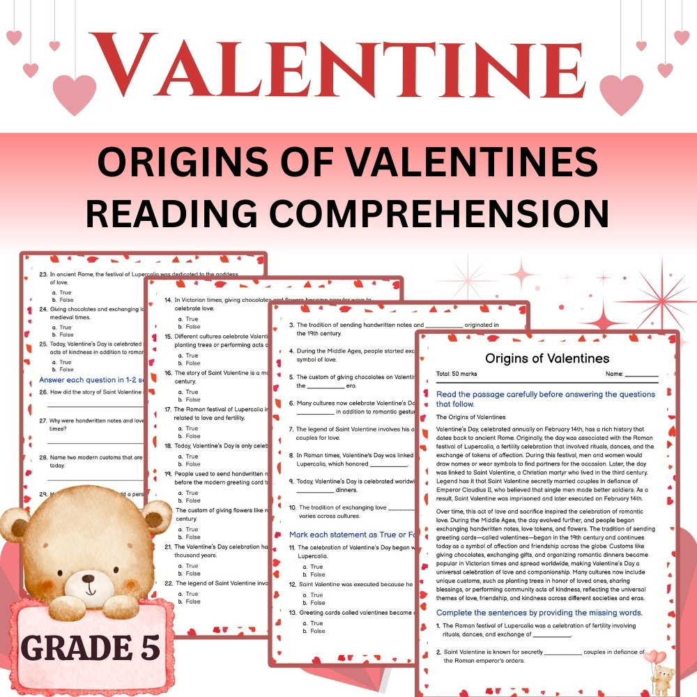Grade 5 Seasonal | Origins of Valentines Worksheet (PDF) – Holiday & History