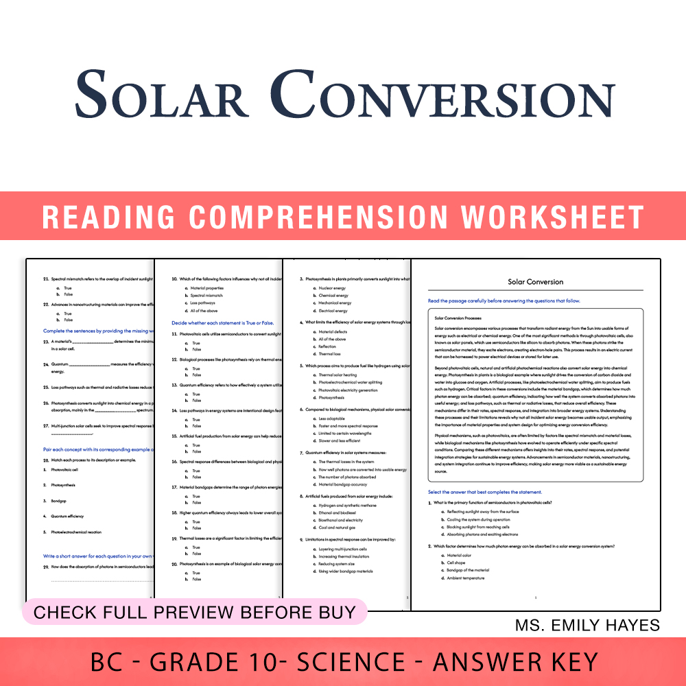 Grade 10 Science worksheet worksheet — Grade 10 Science | Solar Conversion Worksheet (PDF + Answer Key) — page 1