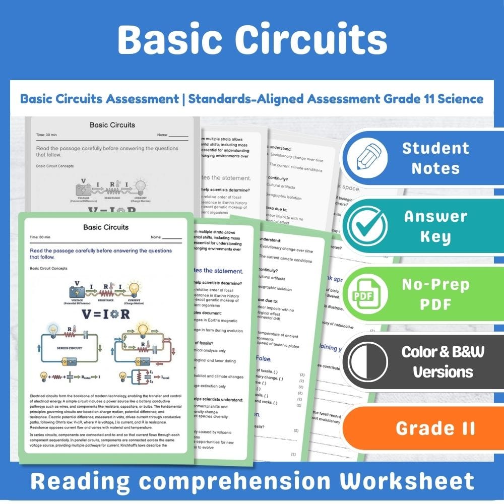 Grade 11 Science assessment worksheet — Basic Circuits Assessment | Standards-Aligned Assessment Grade 11 Science — page 1