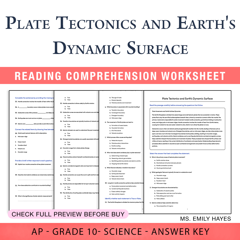 Grade 10 Science worksheet worksheet — Grade 10 Science |Plate Tectonics & Earth's Surface Worksheet (PDF + Answer Key) —…