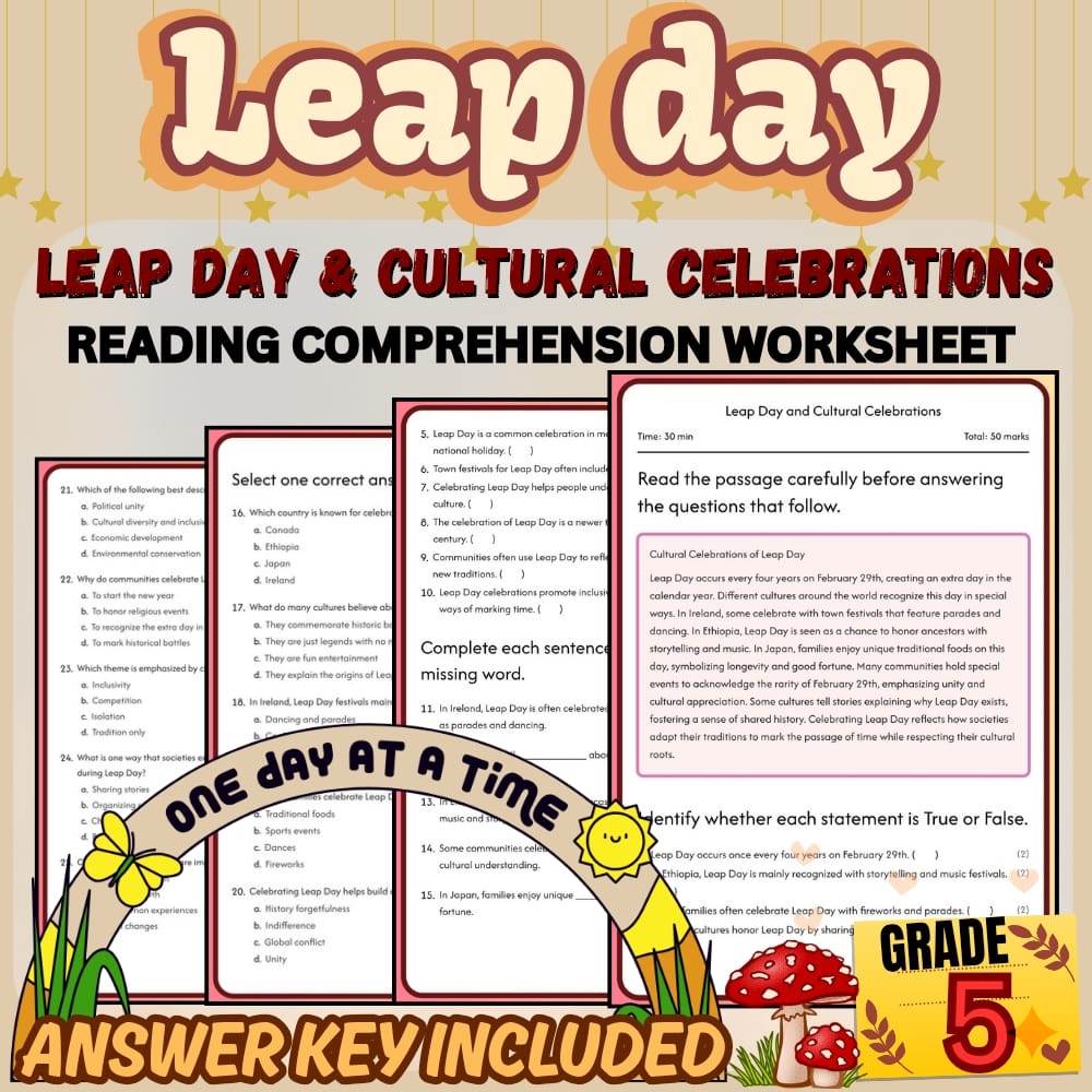 Grade 5 Holiday Worksheets Bundle | Leap Day Math & Cultural Activities — included worksheet 2