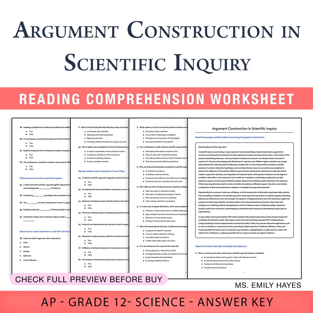 Grade 12 Science worksheet assessment worksheet — 12th Grade Science | Argument Construction (PDF + Answer Key) — page 1