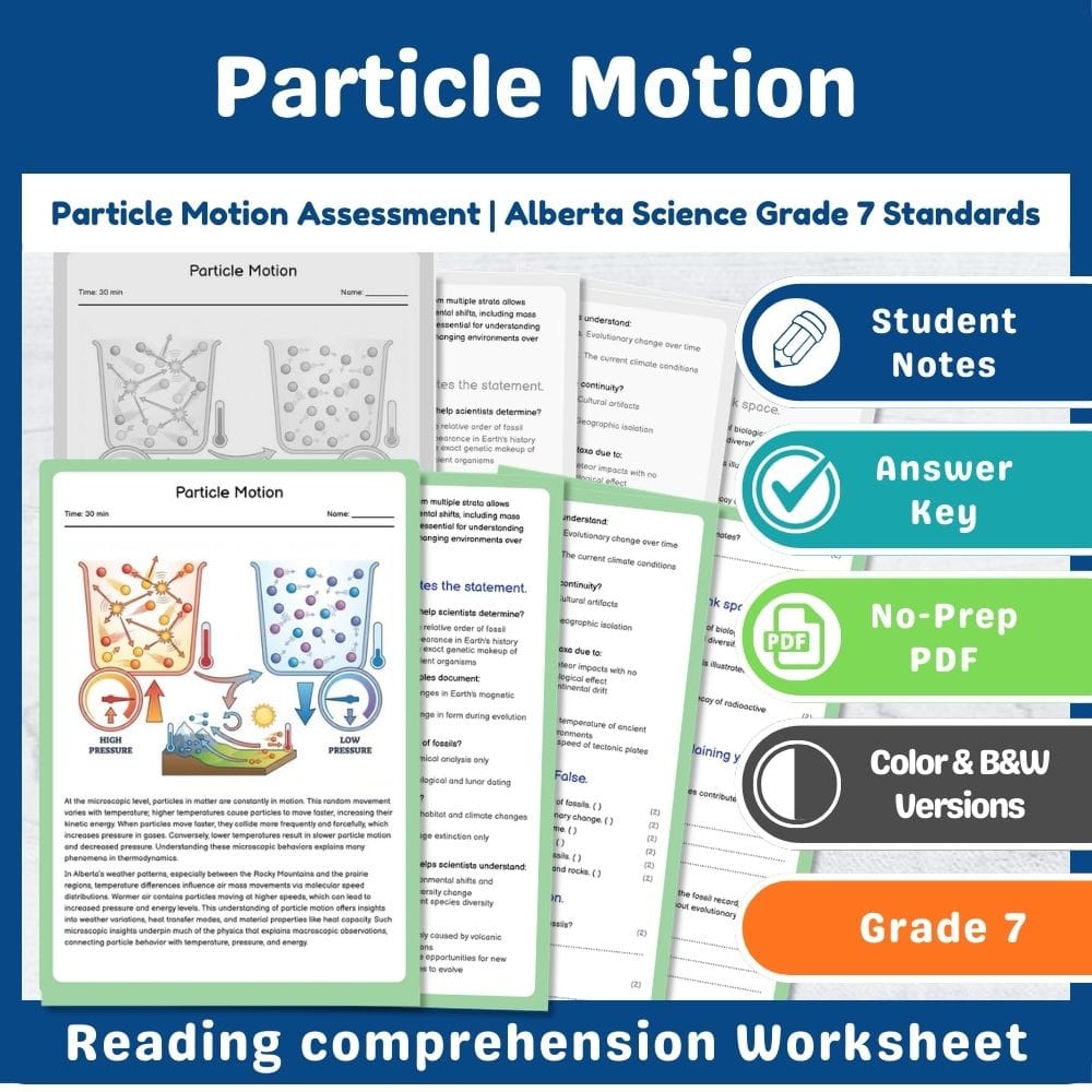 Grade 7 Science assessment worksheet — Particle Motion Assessment | Alberta Science Grade 7 Standards — page 1