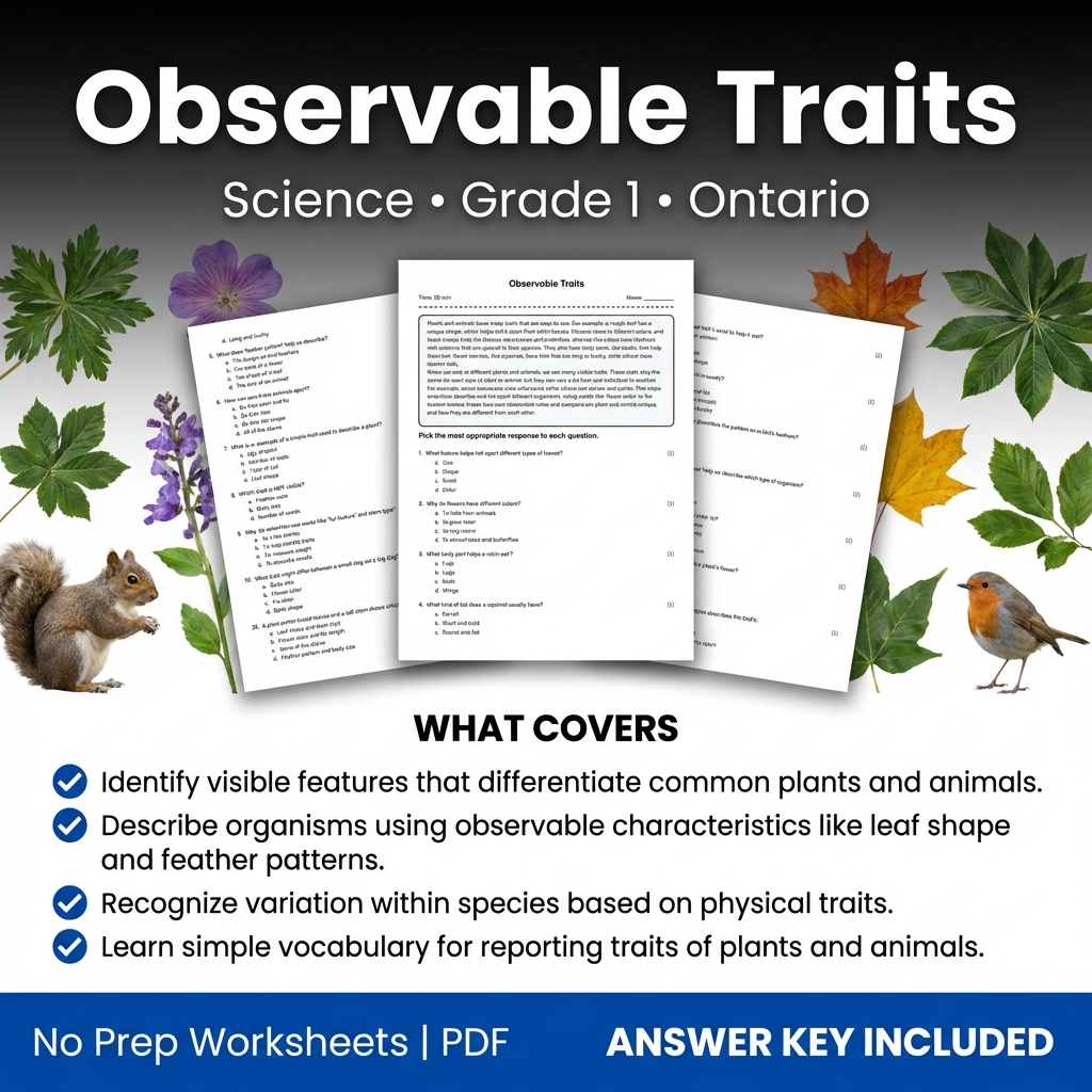 Observable Traits Worksheet for Grade 1 Science – Ontario Standards