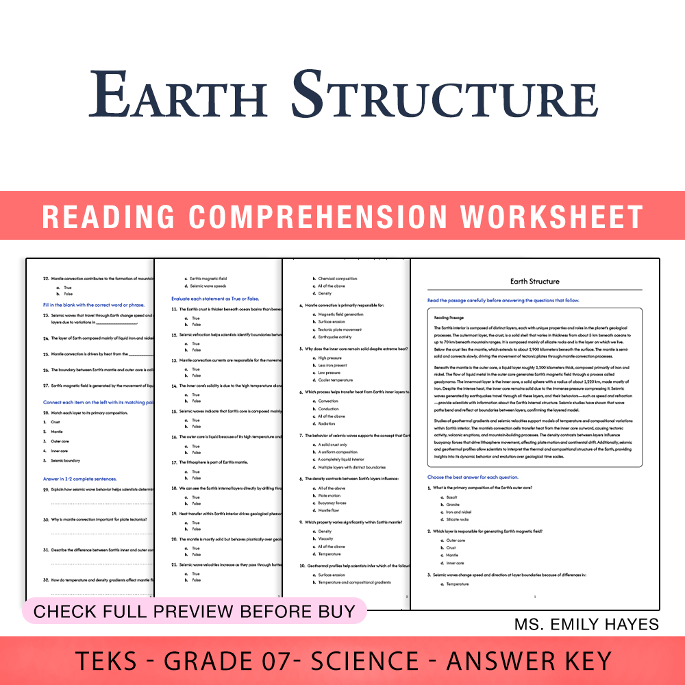 Grade 7 Science worksheet worksheet — Grade 7 Science | Earth Structure Worksheet (PDF+ Answer Key) — page 1
