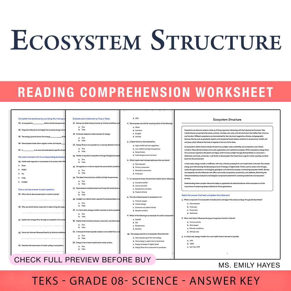 Grade 8 Science worksheet worksheet — 8th Grade Science | Ecosystem Structure Worksheet (PDF+ Answer Key) — page 1
