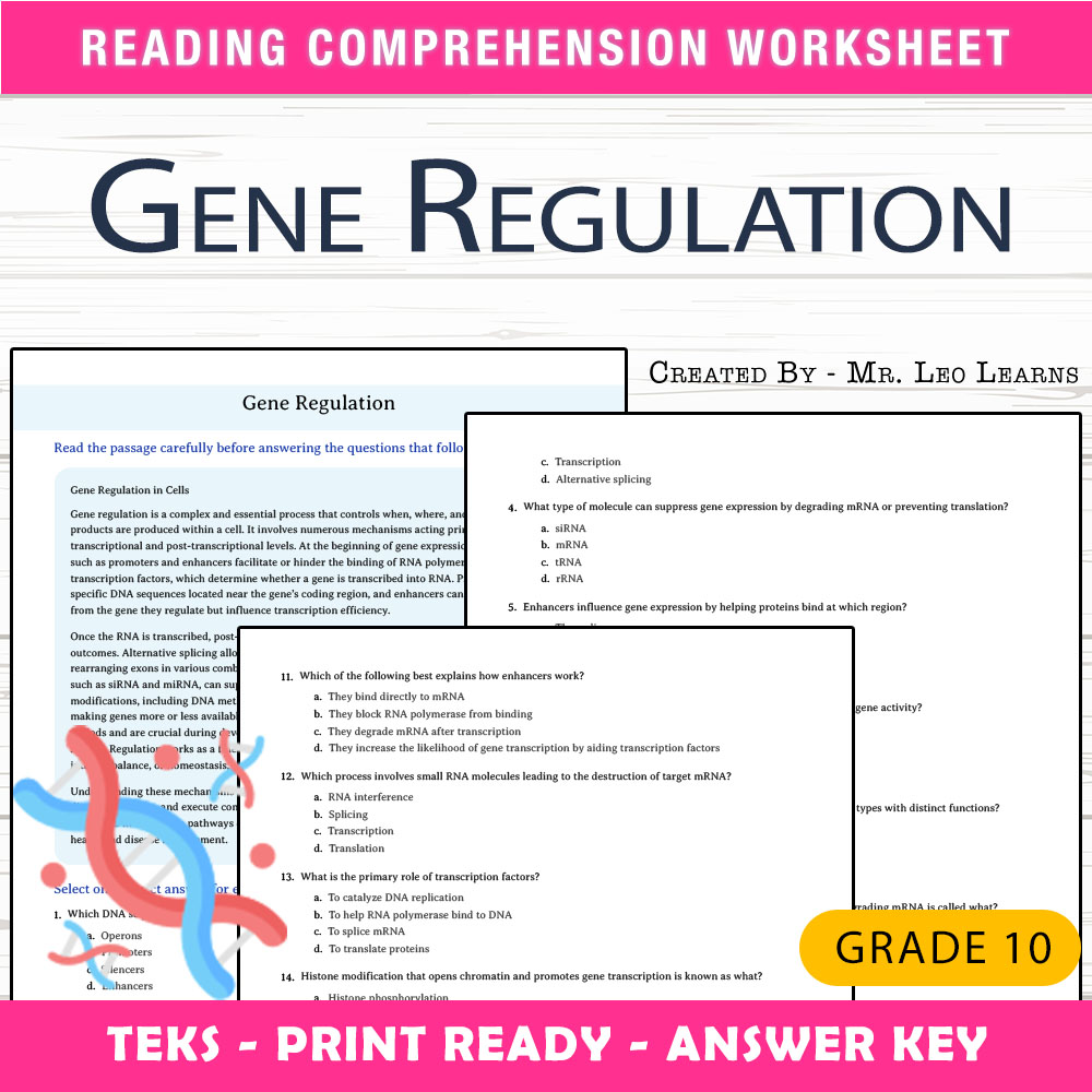 Grade 10 Science worksheet worksheet — Grade 10 Science – Gene Regulation Worksheet for Mastery — page 1