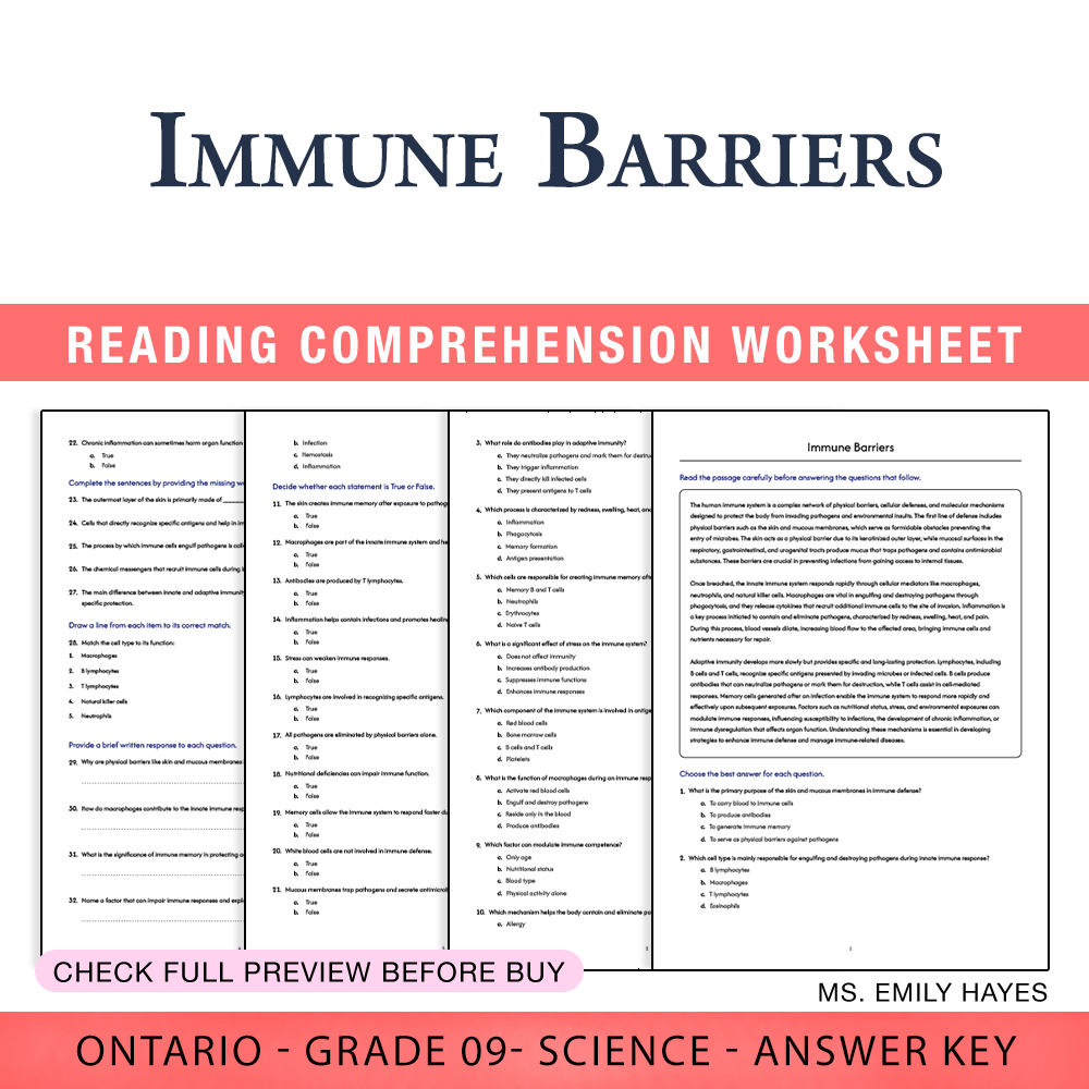 Grade 9 Science worksheet worksheet — Grade 9 Science | Immune Barriers Worksheet (PDF + Answer Key) — page 1