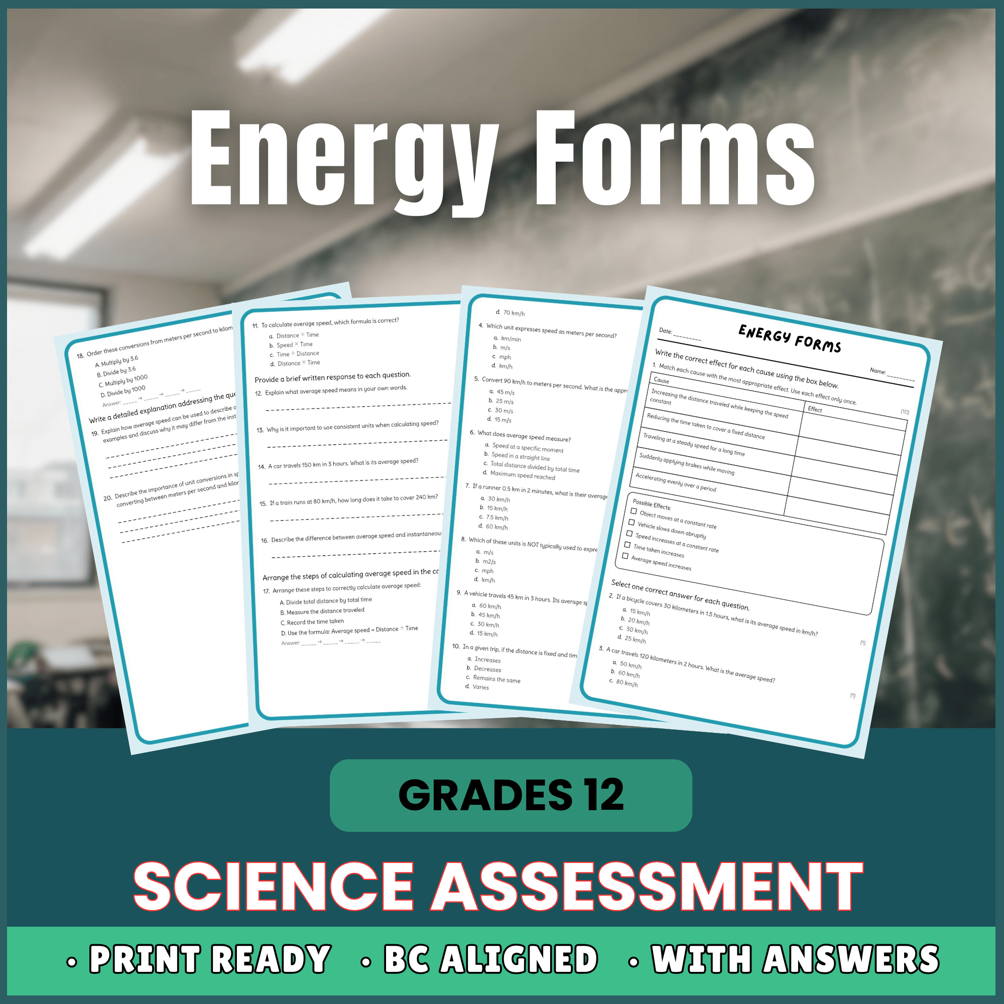 Grade 12 Science – Energy Forms Worksheet(Worksheet + Answer Key) – BC Standards