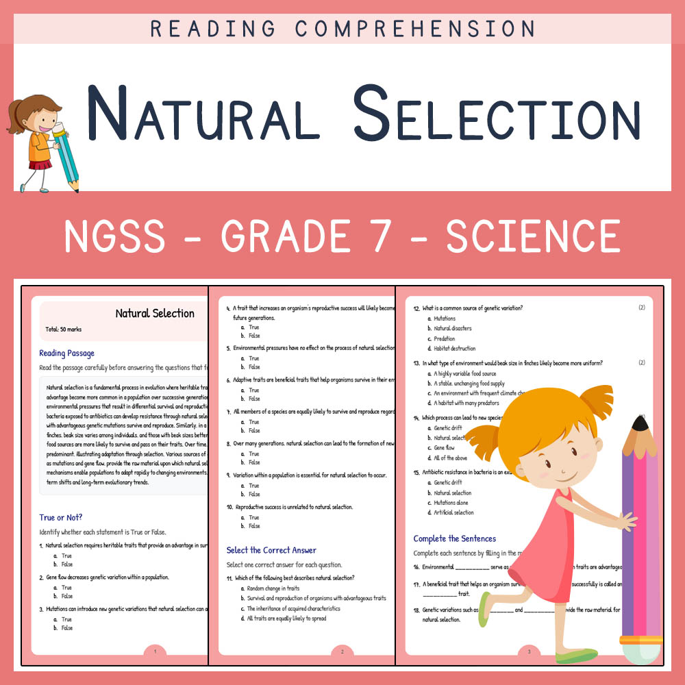 Grade 7 Science worksheet worksheet — Grade 7 Science | Natural Selection Worksheet with Answer Key | NGSS Aligned — page 1