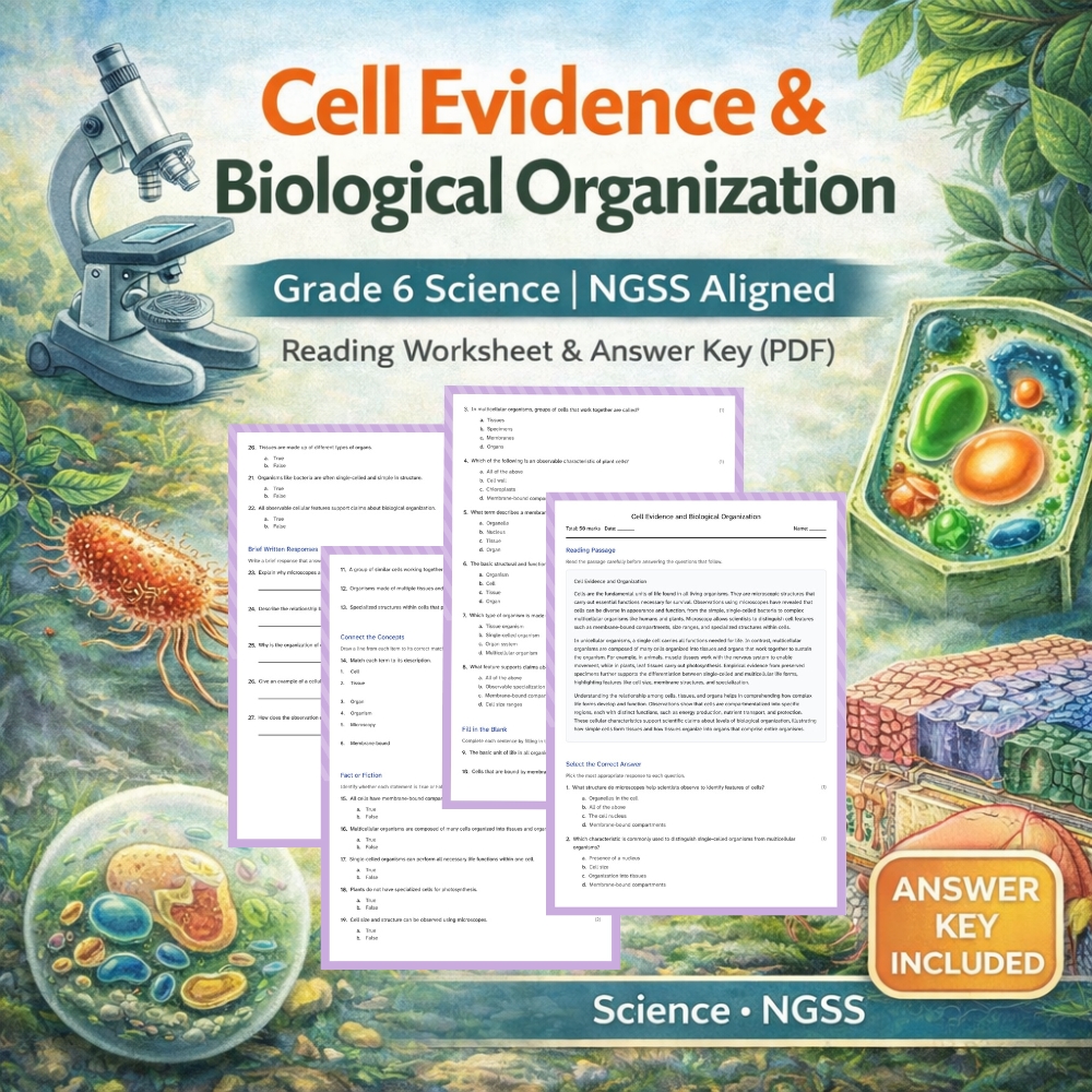 6th Grade Science | Cell Evidence & Biological Organization | NGSS Worksheet