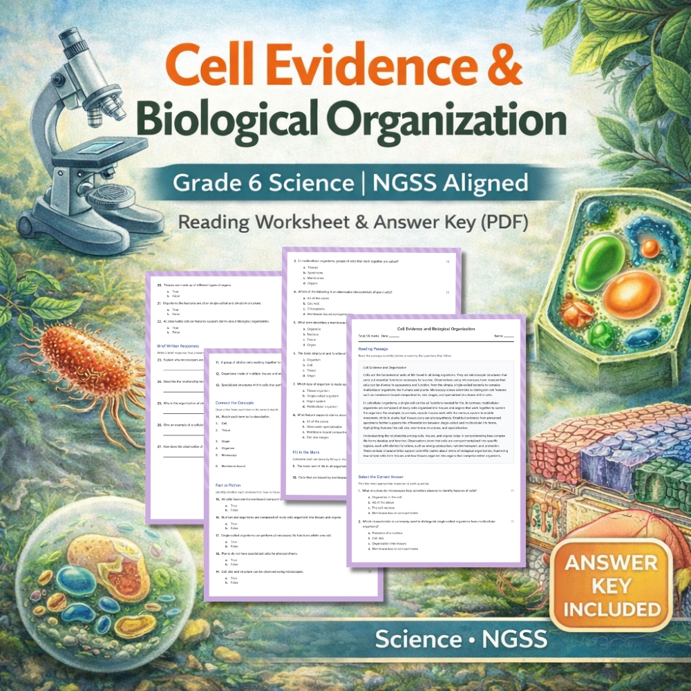 Grade 6 Science g6 ngss worksheet — 6th Grade Science | Cell Evidence & Biological Organization | NGSS Worksheet