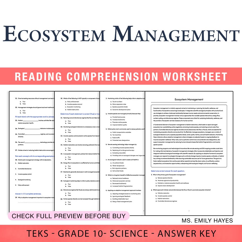 Grade 10 Science worksheet worksheet — Grade 10 Science | Ecosystem Management Worksheet (PDF+ Answer Key) — page 1