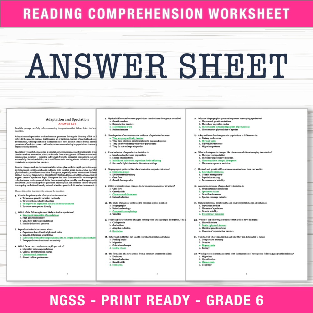 Grade 6 Science worksheet worksheet — 6th Grade Science – Adaptation and Speciation Worksheet (PDF + ANSWER KEY) — page 2