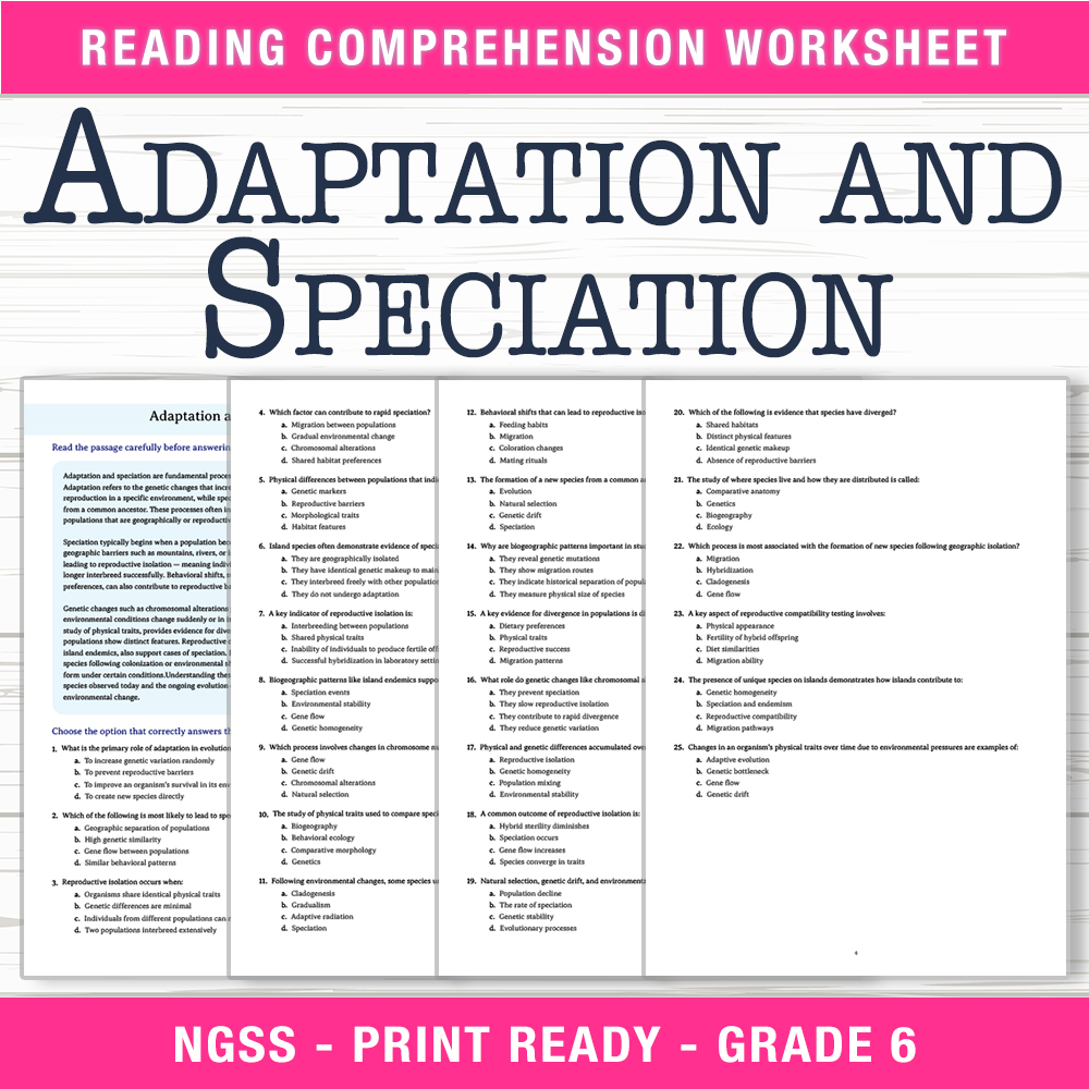 Grade 6 Science worksheet worksheet — 6th Grade Science – Adaptation and Speciation Worksheet (PDF + ANSWER KEY) — page 1